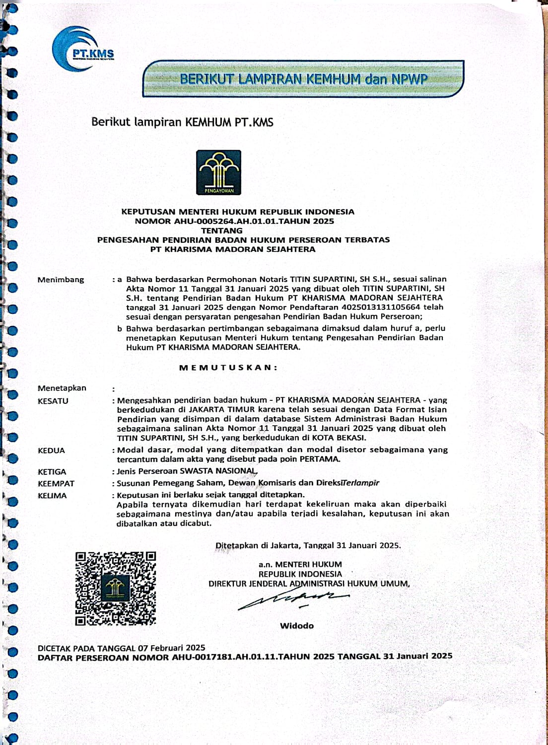 SK Menkumham RI PT Kharisma Madoran Sejahtera
